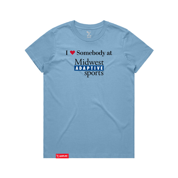 MAS Kansas City Wheelchair Softball I Love Somebody at MAS Women's Carolina Blue T-Shirt on a white background