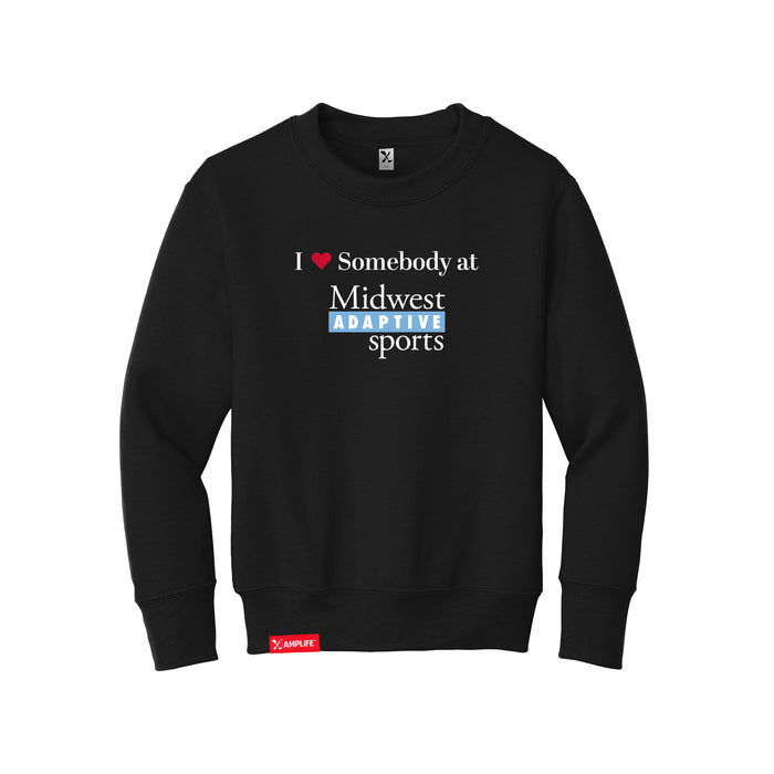 MAS Kansas City Wheelchair Softball I Love Somebody at MAS Youth Black Crewneck Sweatshirt on a white background