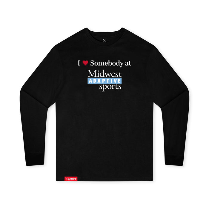 MAS Kansas City Wheelchair Softball I Love Somebody at MAS Youth Black Long Sleeve T-Shirt on a white background