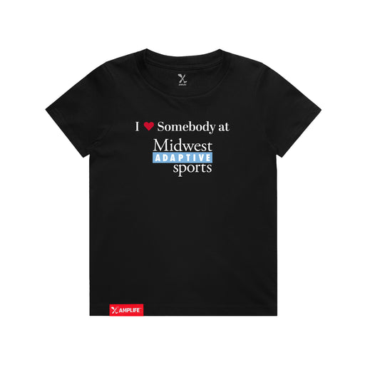 MAS Kansas City Wheelchair Softball I Love Somebody at MAS Youth Black T-Shirt on a white background