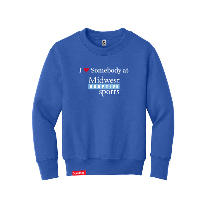 MAS Kansas City Wheelchair Softball I Love Somebody at MAS Youth Royal Crewneck Sweatshirt on a white background