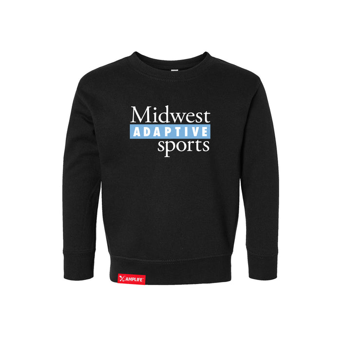MAS Kansas City Wheelchair Softball MAS Logo Toddler Black Crewneck Sweatshirt on a white background