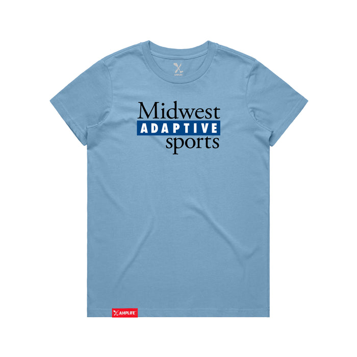 MAS Kansas City Wheelchair Softball MAS Logo Women's Carolina Blue T-Shirt on a white background