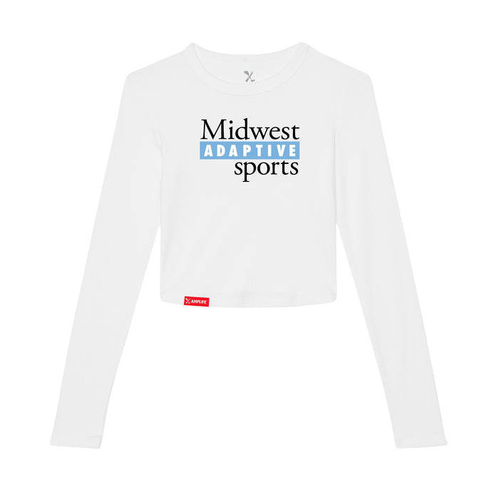 MAS Kansas City Wheelchair Softball MAS Logo Women's White Crop Long Sleeve T-Shirt on a white background