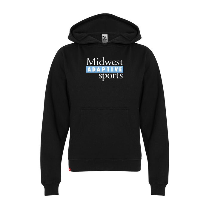 MAS Kansas City Wheelchair Softball MAS Logo Youth Black Hoodie on a white background