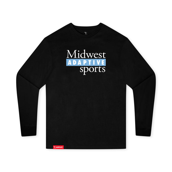 MAS Kansas City Wheelchair Softball MAS Logo Youth Black Long Sleeve T-Shirt on a white background
