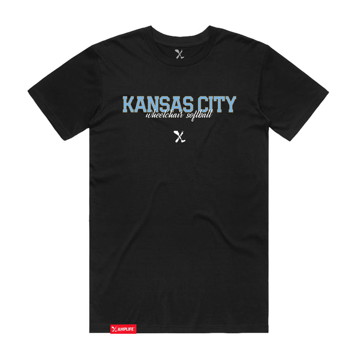 MAS Kansas City Wheelchair Softball Script Black T-Shirt on a white background