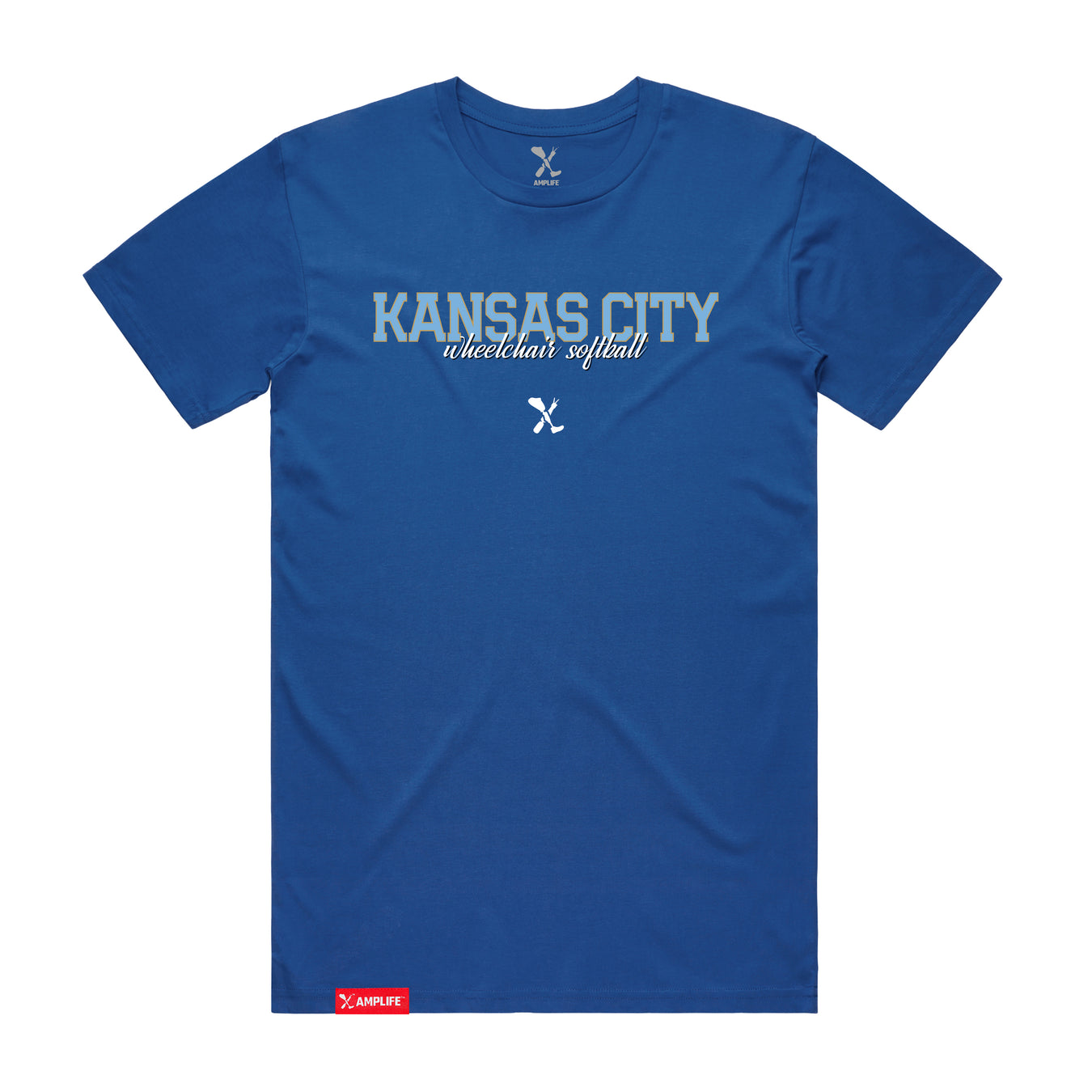 MAS Kansas City Wheelchair Softball Script Bright Royal T-Shirt on a white background