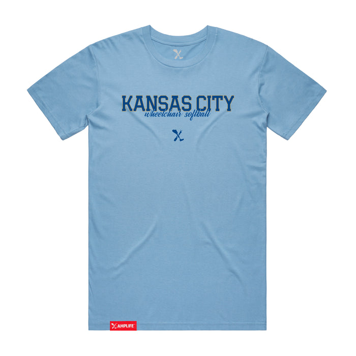 MAS Kansas City Wheelchair Softball Script Carolina Blue T-Shirt on a white background