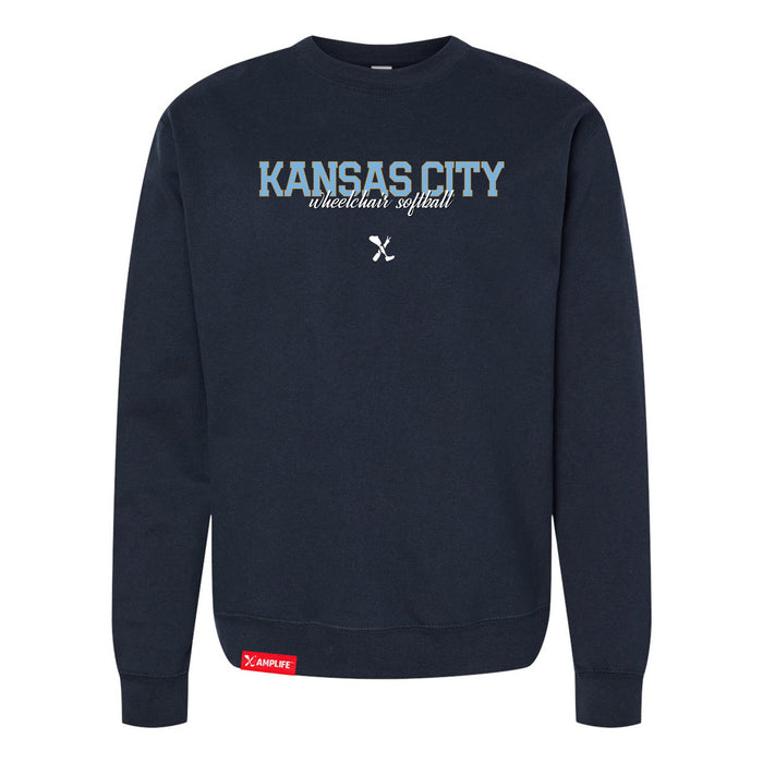 MAS Kansas City Wheelchair Softball Script Classic Navy Crewneck Sweatshirt on a white background
