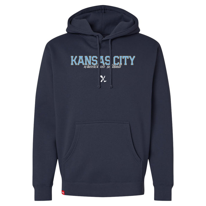 MAS Kansas City Wheelchair Softball Script Navy Hoodie on a white background