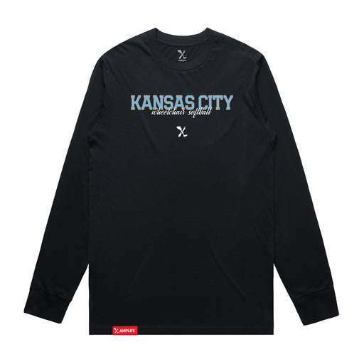 MAS Kansas City Wheelchair Softball Script Navy Long Sleeve T-Shirt on a white background