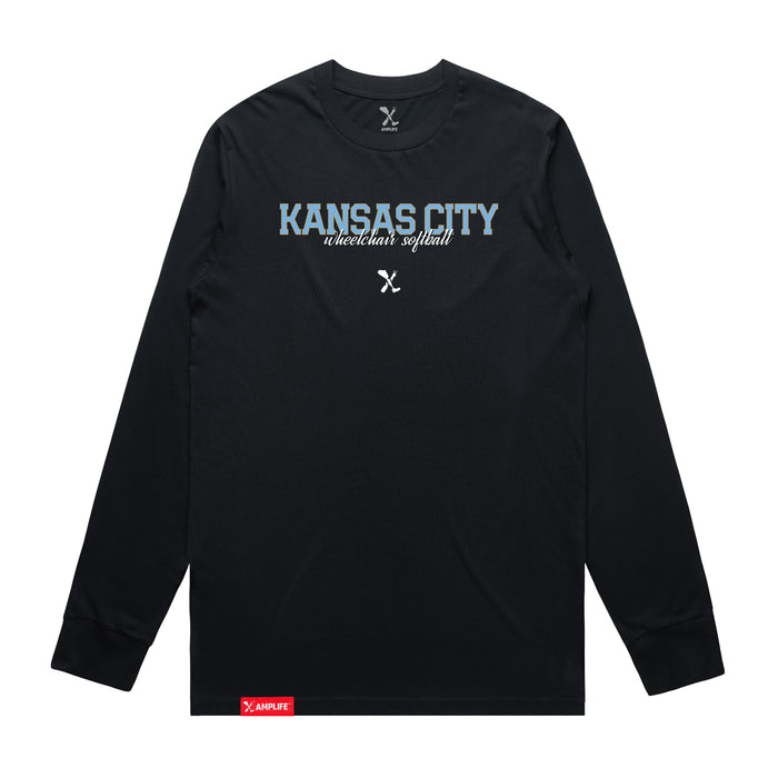 MAS Kansas City Wheelchair Softball Script Navy Long Sleeve T-Shirt on a white background