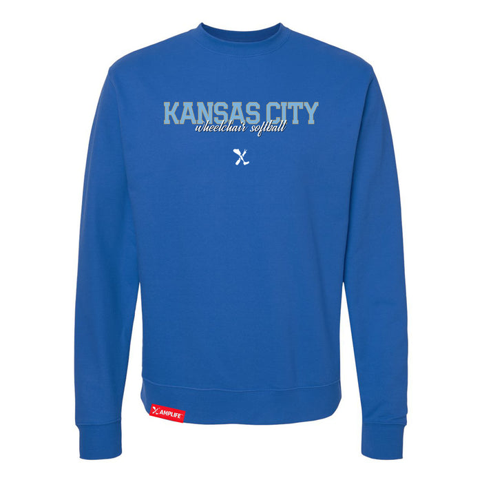 MAS Kansas City Wheelchair Softball Script Royal Crewneck Sweatshirt on a white background
