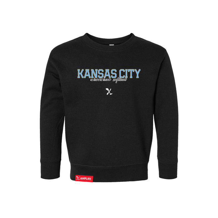 MAS Kansas City Wheelchair Softball Script Toddler Black Crewneck Sweatshirt on a white background