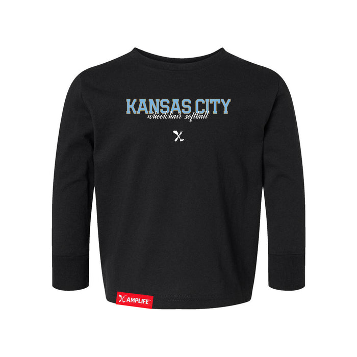 MAS Kansas City Wheelchair Softball Script Toddler Black Long Sleeve T-Shirt on a white background