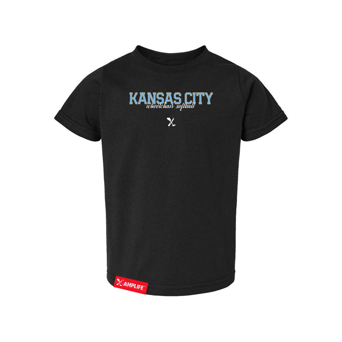 MAS Kansas City Wheelchair Softball Script Toddler Black T-Shirt on a white background