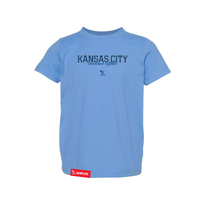 MAS Kansas City Wheelchair Softball Script Toddler Carolina Blue T-Shirt on a white background