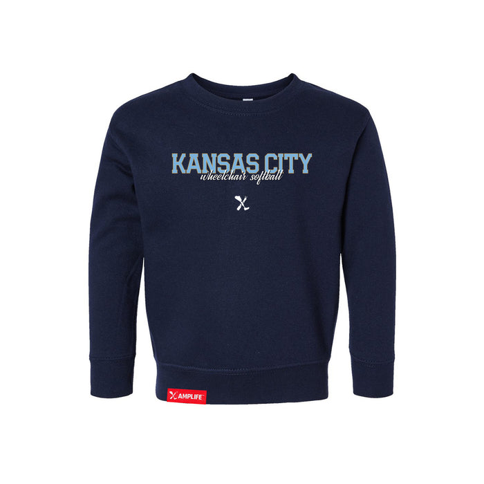 MAS Kansas City Wheelchair Softball Script Toddler Navy Crewneck Sweatshirt on a white background