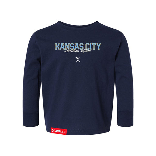 MAS Kansas City Wheelchair Softball Script Toddler Navy Long Sleeve T-Shirt on a white background