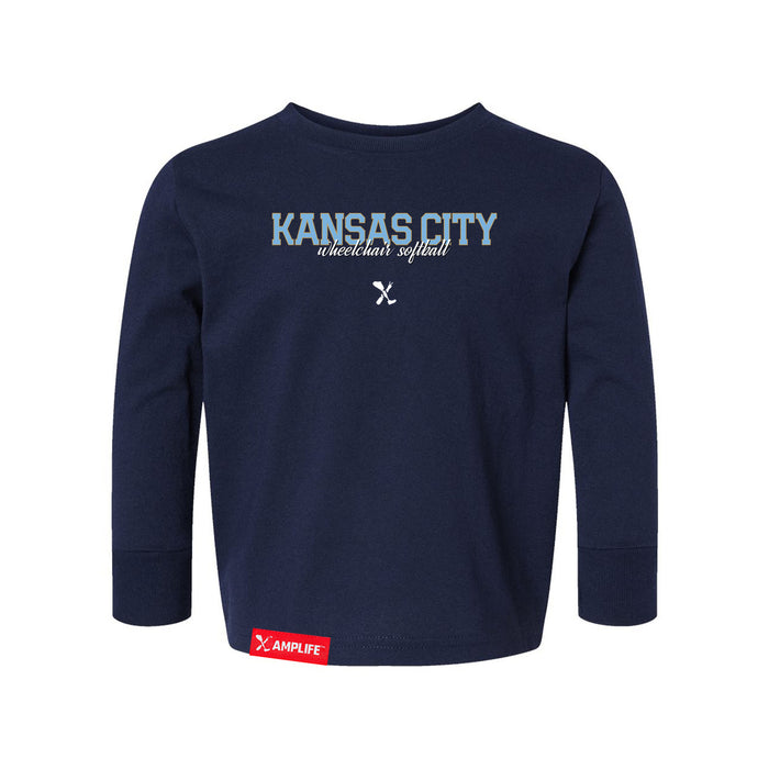 MAS Kansas City Wheelchair Softball Script Toddler Navy Long Sleeve T-Shirt on a white background
