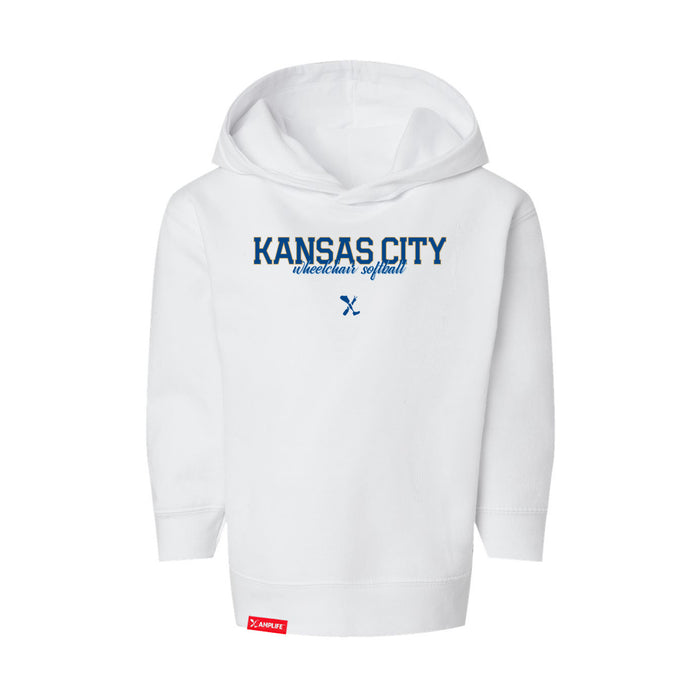 MAS Kansas City Wheelchair Softball Script Toddler White Hoodie on a white background