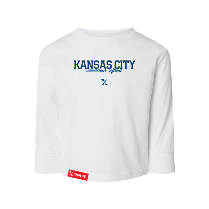 MAS Kansas City Wheelchair Softball Script Toddler White Long Sleeve T-Shirt on a white background