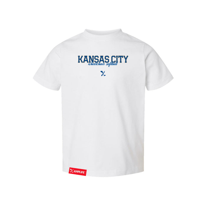 MAS Kansas City Wheelchair Softball Script Toddler White T-Shirt on a white background