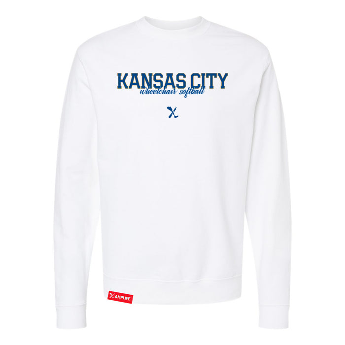 MAS Kansas City Wheelchair Softball Script White Crewneck Sweatshirt on a white background