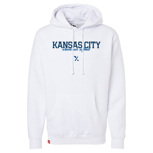 MAS Kansas City Wheelchair Softball Script White Hoodie on a white background