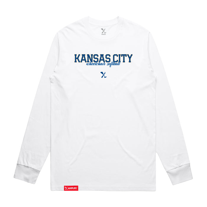 MAS Kansas City Wheelchair Softball Script White Long Sleeve T-Shirt on a white background