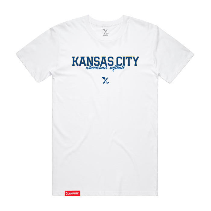 MAS Kansas City Wheelchair Softball Script White T-Shirt on a white background