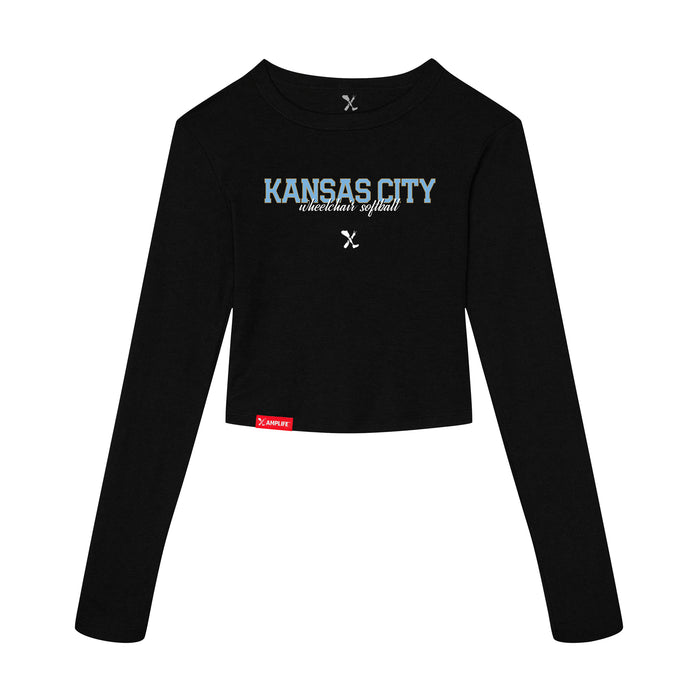 MAS Kansas City Wheelchair Softball Script Women's Black Crop Long Sleeve T-Shirt on a white background