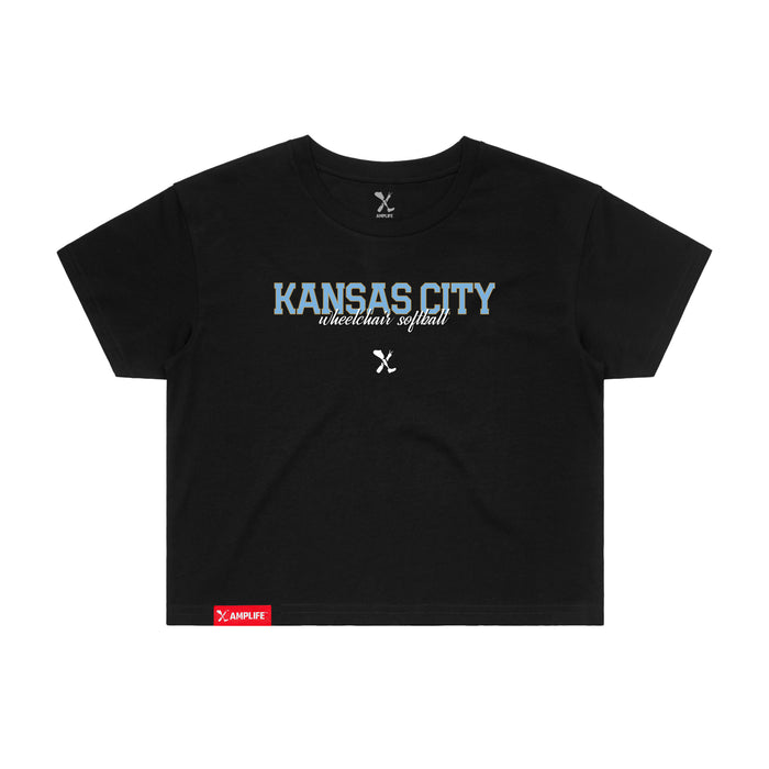 MAS Kansas City Wheelchair Softball Script Women's Black Crop T-Shirt on a white background
