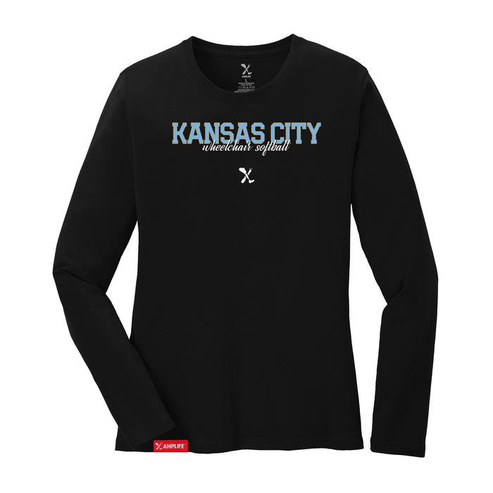 MAS Kansas City Wheelchair Softball Script Women's Black Long Sleeve T-Shirt on a white background