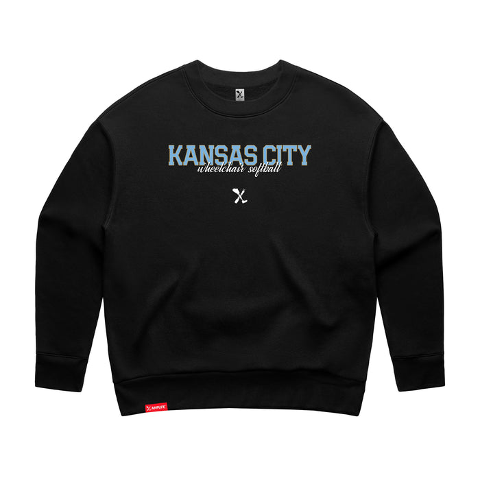 MAS Kansas City Wheelchair Softball Script Women's Black Modern Crewneck Sweatshirt on a white background