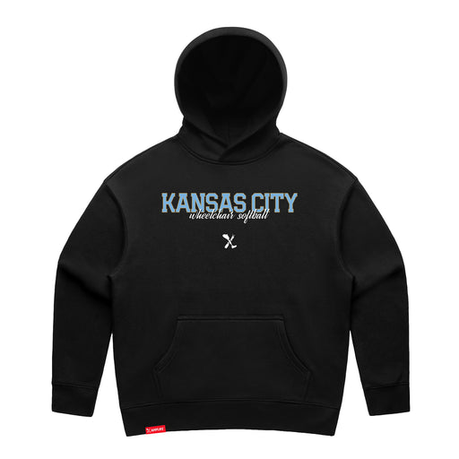 MAS Kansas City Wheelchair Softball Script Women's Black Modern Hoodie on a white background