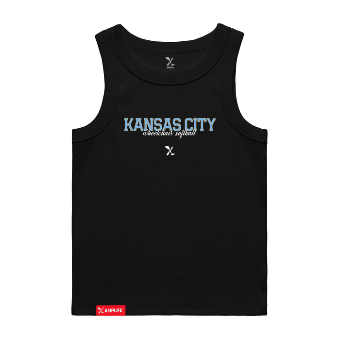 MAS Kansas City Wheelchair Softball Script Women's Black Organic Tank Top on a white background