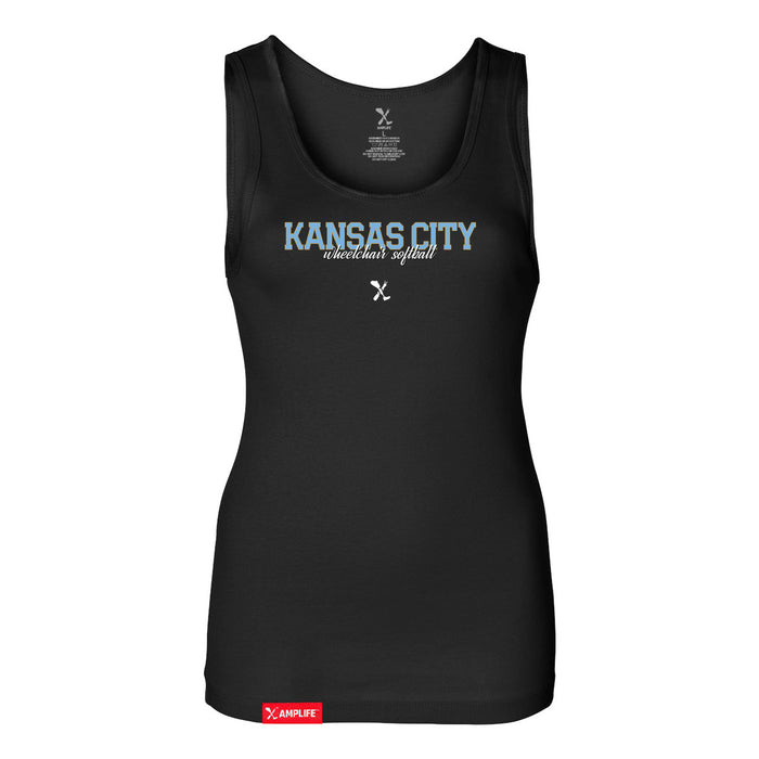 MAS Kansas City Wheelchair Softball Script Women's Black Slim Micro Rib Tank Top on a white background