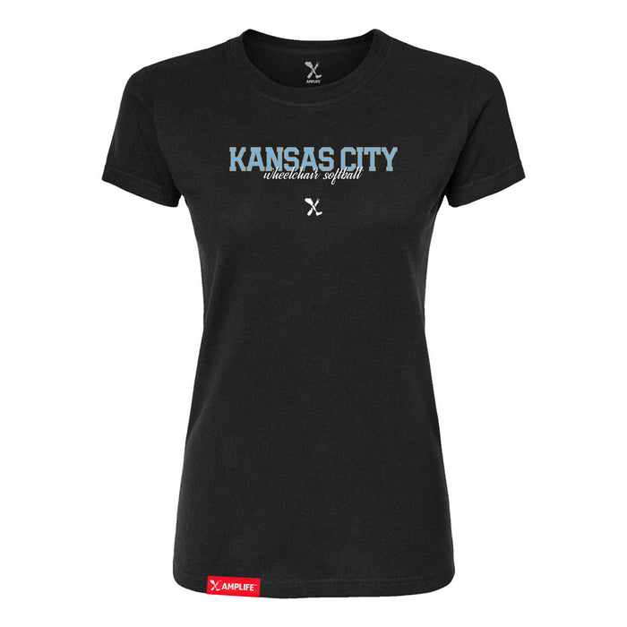 MAS Kansas City Wheelchair Softball Script Women's Black Slim T-Shirt on a white background