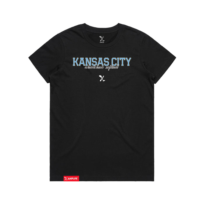 MAS Kansas City Wheelchair Softball Script Women's Black T-Shirt on a white background