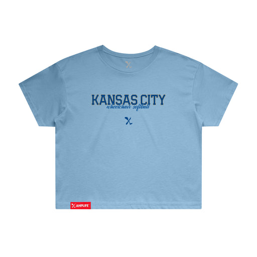 MAS Kansas City Wheelchair Softball Script Women's Carolina Blue Crop T-Shirt on a white background