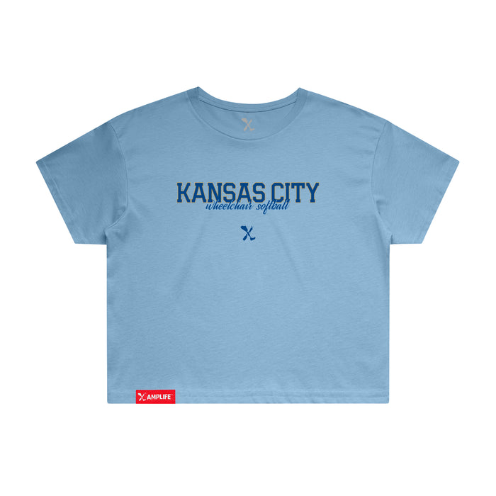 MAS Kansas City Wheelchair Softball Script Women's Carolina Blue Crop T-Shirt on a white background