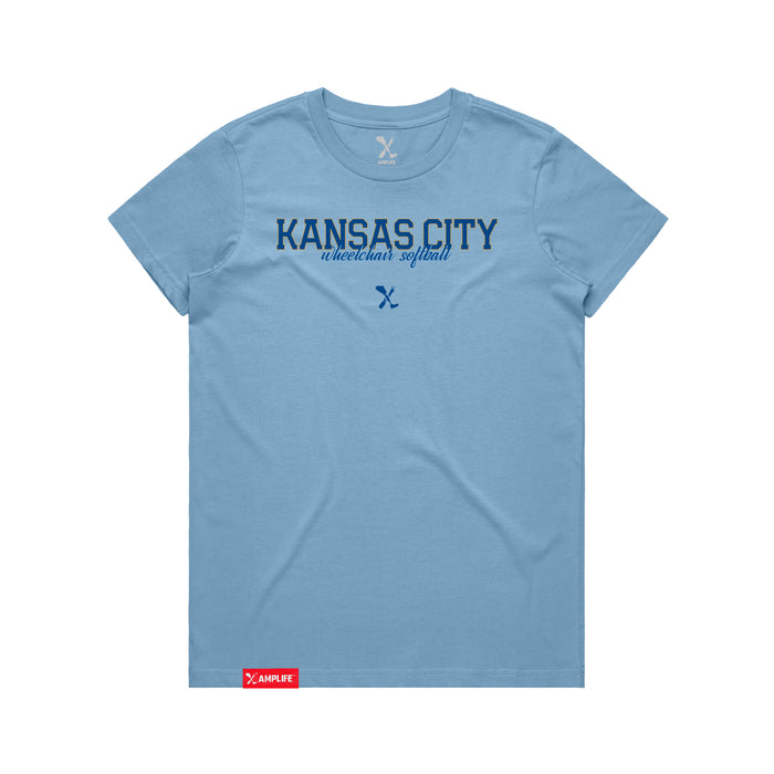 MAS Kansas City Wheelchair Softball Script Women's Carolina Blue T-Shirt on a white background