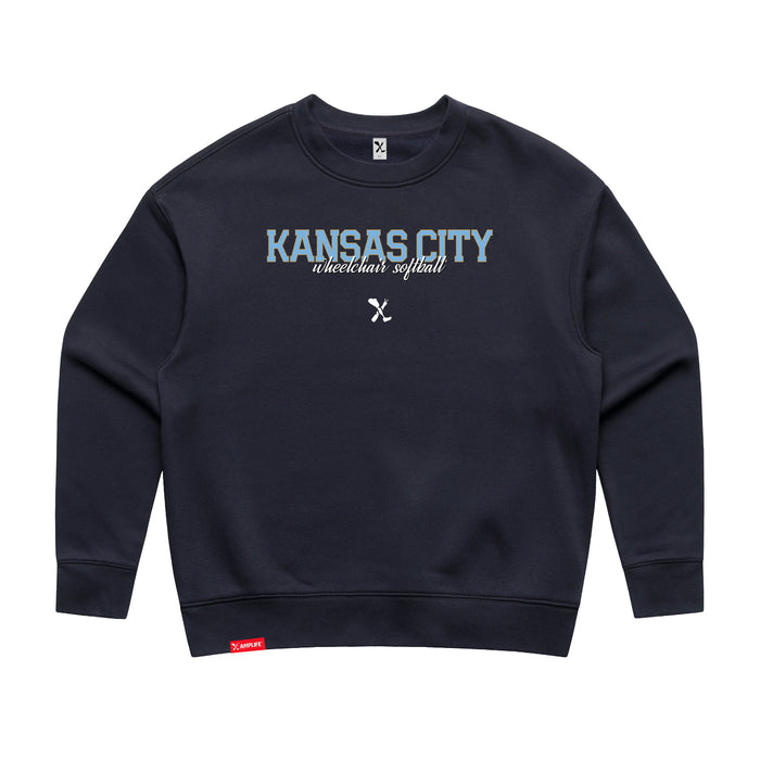 MAS Kansas City Wheelchair Softball Script Women's Ink Blue Modern Crewneck Sweatshirt on a white background