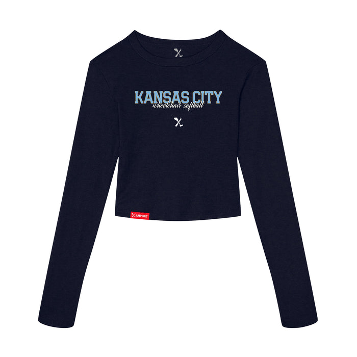 MAS Kansas City Wheelchair Softball Script Women's Navy Crop Long Sleeve T-Shirt on a white background