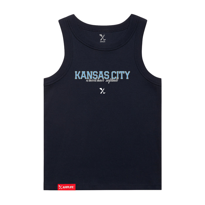 MAS Kansas City Wheelchair Softball Script Women's Navy Organic Tank Top on a white background