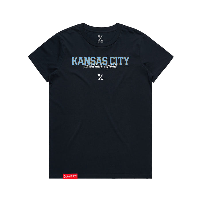 MAS Kansas City Wheelchair Softball Script Women's Navy T-Shirt on a white background