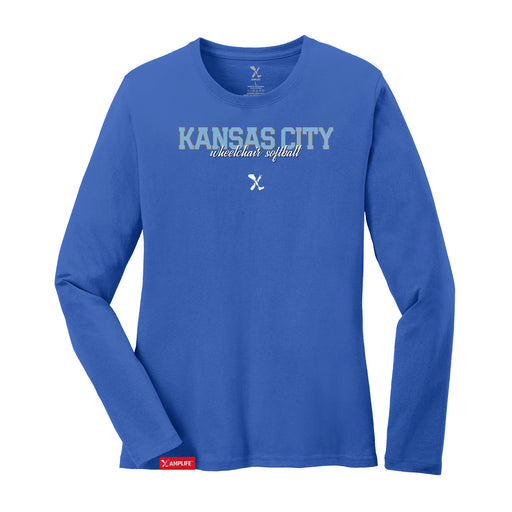 MAS Kansas City Wheelchair Softball Script Women's Royal Long Sleeve T-Shirt on a white background