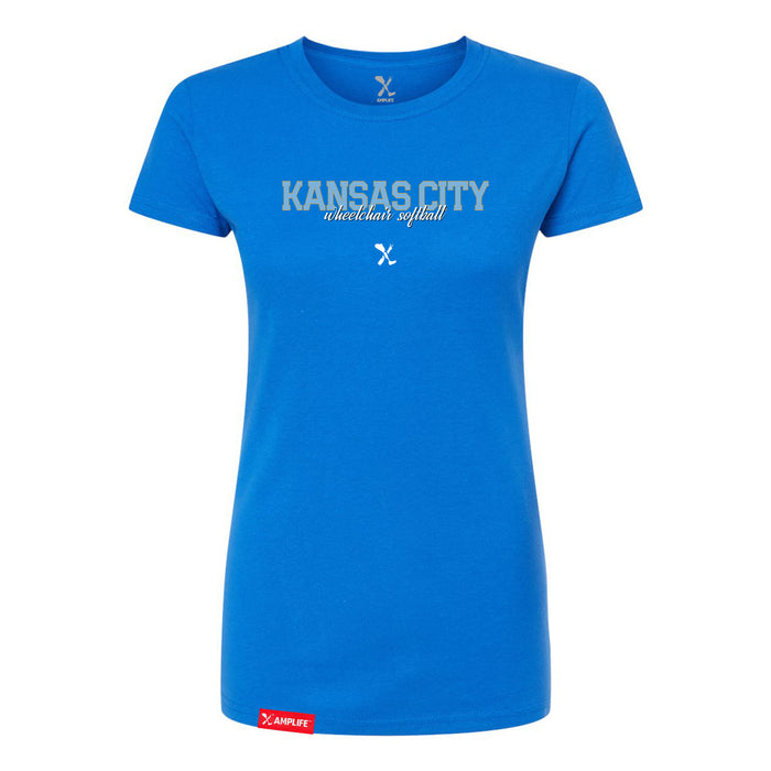 MAS Kansas City Wheelchair Softball Script Women's Royal Slim T-Shirt on a white background